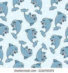 Blue Dolphin Charm: Hand-drawn vector showcasing a cute blue dolphin with a smiling face on a lively blue background. Perfect for infusing charm and positivity into your design compositions