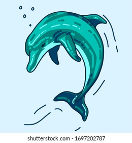 Blue dolphin. Dolphin doodle on bubbles background