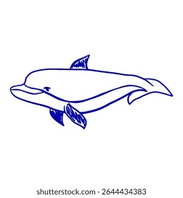 Blue dolphin drawing. Line art sea animal vector illustration.
