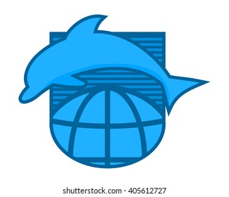blue dolphin earth emblem shield  fish nautical marine life image animal