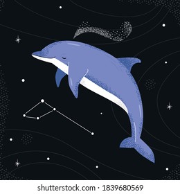 Blue dolphin flying in the night starry sky. delphinus constellation.