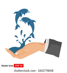 Blue dolphin with hand. Flat vector icon isolated on white background with blue dolphin and hand