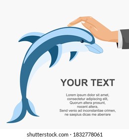 Blue dolphin with hand. Flat vector icon isolated on white background with blue dolphin and hand