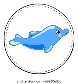Blue Dolphin isolated on white background. Friendly dolphin cartoon vector illustration. Underwater animal handdrawn patch. Sea animal drawing. Cute dolphin animal clipart. Marine fauna character icon