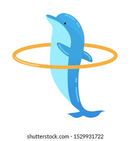 Blue dolphin jumping through the orange ring. Vector illustration isolated on white background