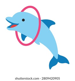 A blue dolphin jumping through a pink hula hoop playful aquatic mammal swimming