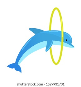 Blue dolphin jumping through the yellow ring. Vector illustration isolated on white background