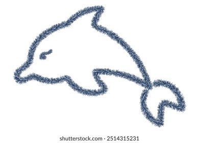 Blue dolphin jumping. Tinsel. Plush sea mammal. Color vector illustration. Isolated white background. Ocean inhabitant with fins and tail. Idea for web design.