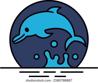 A blue dolphin is leaping out of the water. The image has a playful and joyful mood, as the dolphin is depicted as happy and energetic. The blue color of the dolphin