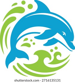 Delfín azul saltando a través de salpicaduras de agua verde y ondas Vector gráfico.