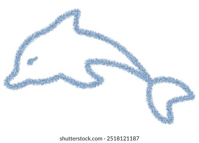 Blue dolphin made of tinsel. Plush sea mammal. Color vector illustration. Isolated white background. Ocean inhabitant with fins and tail. Idea for web design.