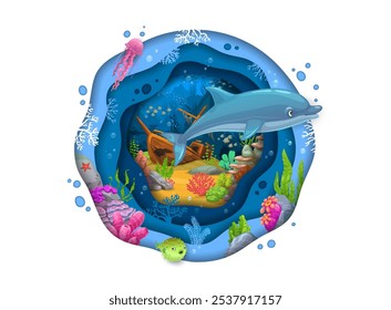 Delfín azul sobre fondo de Vector de paisaje submarino cortado en papel. Arrecife de coral del océano tropical con peces de mar, medusas y barco hundido en 3D en capas de marco redondo de bordes ondulados de papercut con algas marinas