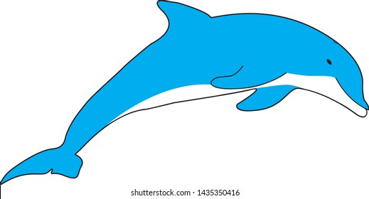 Blue dolphin pointing to the right. Isolated on white background. Vector graphics. Stock vector illustration. Copy space. 