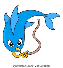 blue dolphin stuck with a hook in his mouth, vector illustration art. doodle icon image kawaii.