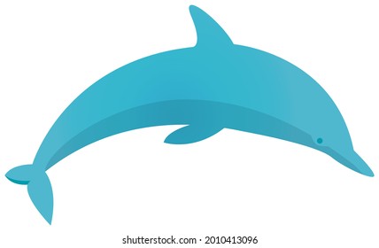 Blue dolphin swimming on white background. Ocean animal, big fish cartoon nautical character lives in ocean. Aquatic mammal infraorder cetaceans. Wild nature of worlf ocean. Underwater animal life