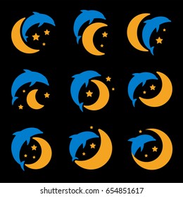 Blue dolphin, yellow moon and starry sky logo set on black background. Children night light, sleep vector illustration