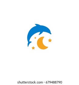 Blue dolphin, yellow moon and starry sky logo on white background. Children night light, sleep vector illustration