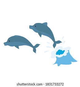 blue dolphins jumped out of the water, cartoon illustration, isolated object on white background, vector, eps