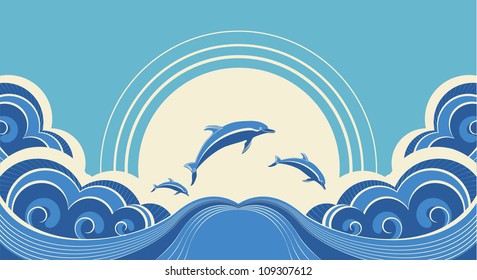 Blue dolphins jumping in sea in summer day