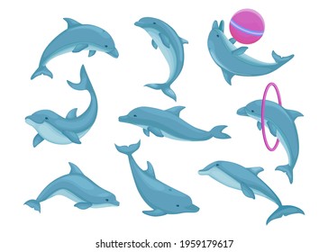 Blue dolphins jumping and swimming set. Cute water animals performing tricks, playing with ball. Vector illustration collection. Sea, zoo, aqua show, nature concept