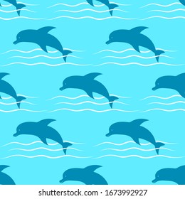Blue dolphins in the sea. Seamless pattern. Vector graphic illustration. Texture.