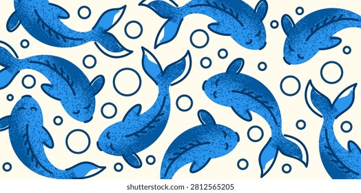 Blue dolphins swimming pattern with bubbles on cream background