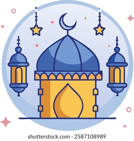 Blue dome mosque with crescent moon and lanterns representing Ramadan peace.