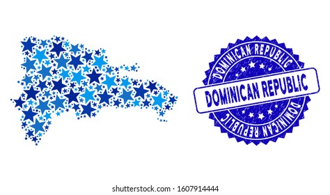 Blue Dominican Republic map composition of stars, and grunge round stamp. Abstract territory plan in blue color hues. Vector Dominican Republic map is designed of blue stars.