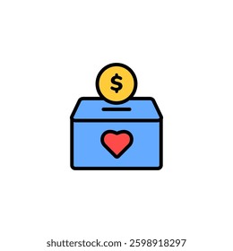Blue donation box with heart symbol and coin signifying charity, giving, and financial support.