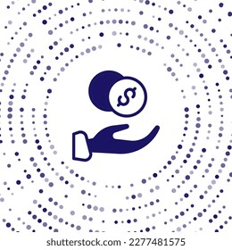 Blue Donation hand with money icon isolated on white background. Hand give money as donation symbol. Donate money and charity concept. Abstract circle random dots. Vector