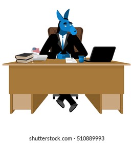 Blue Donkey Democrat sitting in office. Animal boss at table. Symbol of United States political parties. Illustration for presidential elections in America. Animal businessman diplomat
