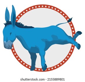 Blue donkey kicking, inside a red round button decorated with starry frame for American elections.