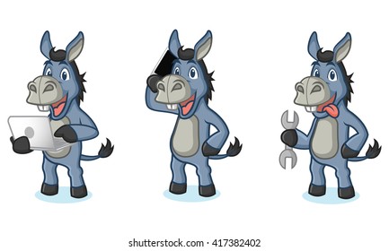 Blue Donkey Mascot with laptop, phone and tools