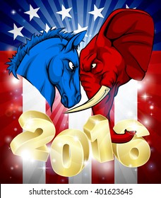 A blue donkey and red elephant facing off. American politics 2016 election concept with animal mascots of the political parties