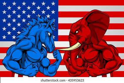 A blue donkey and red elephant fighting in front of an American flag background. American politics election concept with animals