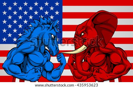 A blue donkey and red elephant fighting in front of an American flag background. American politics election concept with animals