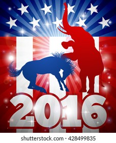 Blue donkey and red elephant in silhouette fighting each other with flag and date. Concept for the presidential election 2016 or politics in general