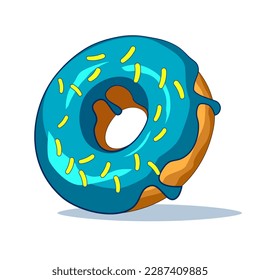 Blue donut with yellow sprinkles isolated with a white background in three quarter view 