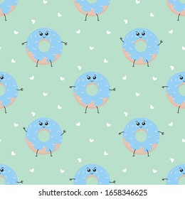 Blue donuts on green background. Seamless pattern. 