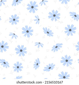 Flores de camomila de doodle azul o de margarita aisladas en un fondo blanco. Ilustración vectorial de patrón sin costura dibujada a mano. Ideal para textiles, papel, envoltura de regalo y más.