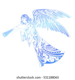 Blue doodle christmas angels isolated on white.