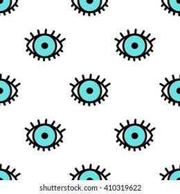 Blue doodle eyes. Vector seamless pattern. Cute eye background illustration.