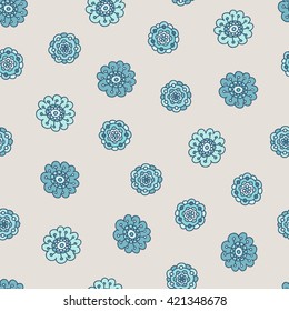 blue doodle floral seamless pattern, hand drawn vector illustration