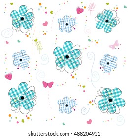 Blue doodle flowers with plaid texture pattern background vector illustration