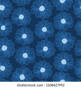 Blue doodle flowers seamless vector pattern. Repeating floral doodle background. Use for fabric, textile, wrapping, wallpaper, packaging, summer decor, gift wrap.