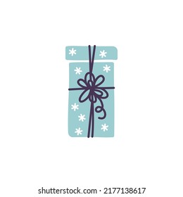 Blue doodle gift box icon, colorful silhouette with bow ribbon isolated on white background. Wrapping paper pattern, kids drawing sketch style. Birthday present package Merry Christmas drawing
