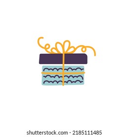 Icono de la caja de regalo del doodle azul, silueta colorida con cinta de arco aislada sobre fondo blanco. Patrón de papel envuelto, niños dibujando estilo de esbozo. Paquete de regalo de cumpleaños Dibujo navideño de Feliz