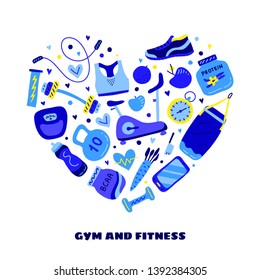 Blue doodle gym and fitness icons composed in heart shape.