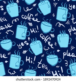 Blue doodle hot drink vector seamless pattern