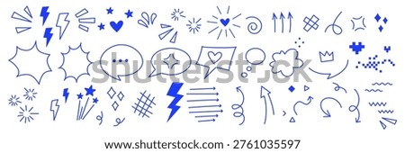 Blue doodle icon set on white background. Emotion effects, hearts, stars, speech bubbles, arrows, crown, lightning symbols. Expressive anime vector elements for social media, messaging, modern design